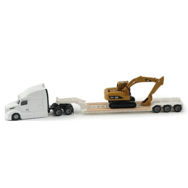84423 Miniatura Caminhão Peterbilt® 579 Branco 1:87 com Reboque Lowboy e Escavadeira Cat® 315C