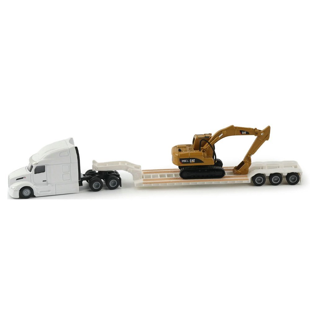 84423 Miniatura Caminhão Peterbilt® 579 Branco 1:87 com Reboque Lowboy e Escavadeira Cat® 315C